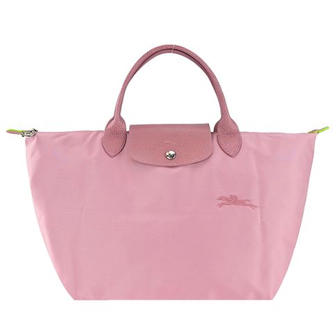 Longchamp LE PLIAGE GREEN系列刺繡短把再生尼龍摺疊水餃包(中/花瓣粉)