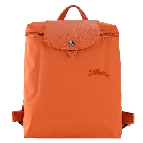 LONGCHAMP LE PLIAGE GREEN系列刺繡再生尼龍摺疊後背包(胡蘿蔔橘)