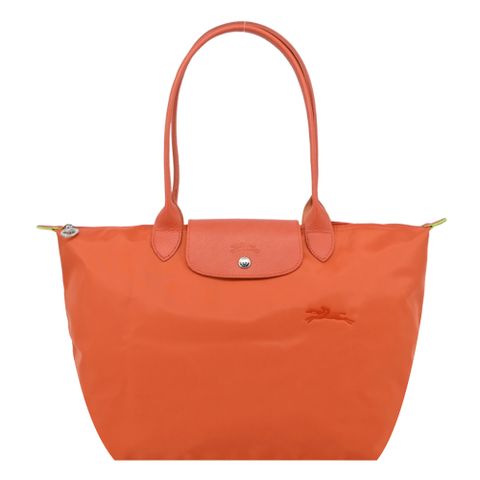 Longchamp LE PLIAGE GREEN系列刺繡長把再生尼龍摺疊水餃包(大/胡蘿蔔橘)