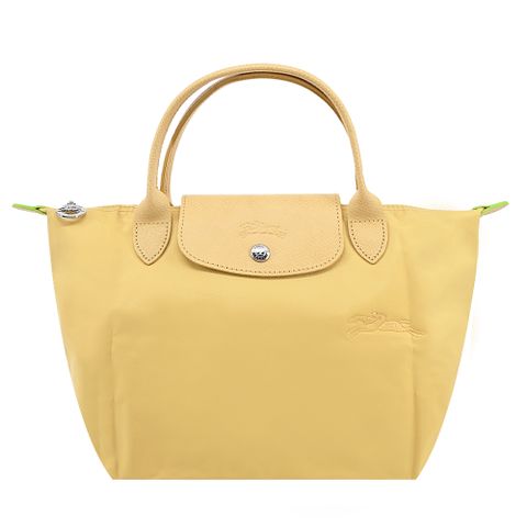 Longchamp LE PLIAGE GREEN系列刺繡短把再生尼龍摺疊水餃包(小/小麥黃)