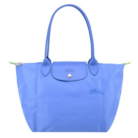 Longchamp LE PLIAGE GREEN系列刺繡長把再生尼龍摺疊水餃包(中/矢車菊藍)