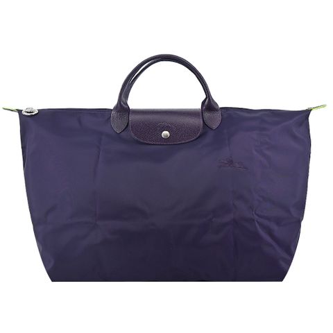 Longchamp LE PLIAGE GREEN系列刺繡短把再生尼龍摺疊旅行袋(小/藍莓)