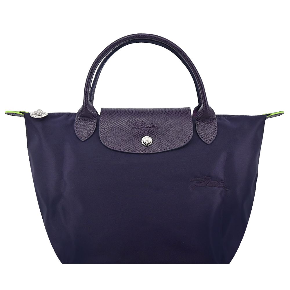 Longchamp  LE PLIAGE GREEN系列刺繡短把再生尼龍摺疊水餃包(小/藍莓)