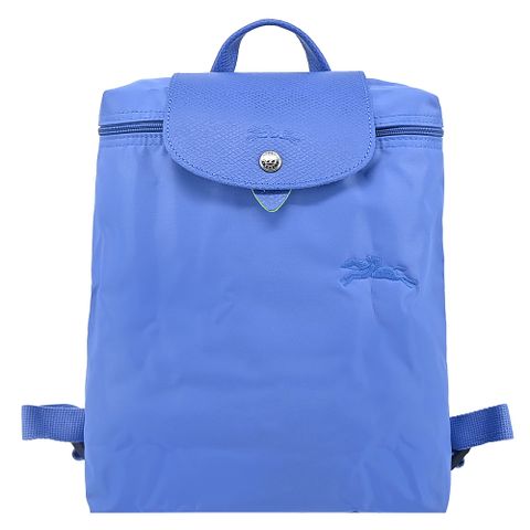 Longchamp LE PLIAGE GREEN系列刺繡再生尼龍摺疊後背包(中/矢車菊藍)