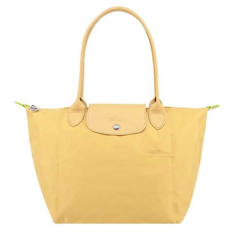 Longchamp LE PLIAGE GREEN系列刺繡長把再生尼龍摺疊水餃包(中/小麥黃)