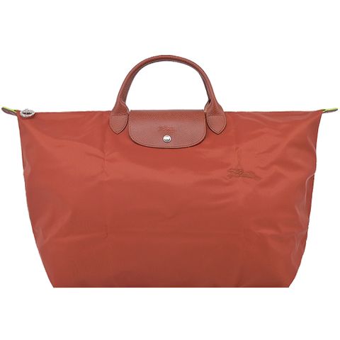 Longchamp LE PLIAGE GREEN系列刺繡短把再生尼龍摺疊旅行袋(小/栗子紅)