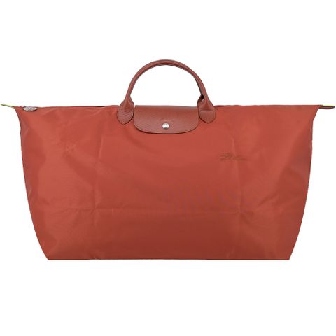 Longchamp LE PLIAGE GREEN系列刺繡短把再生尼龍摺疊旅行袋(中/栗子紅)