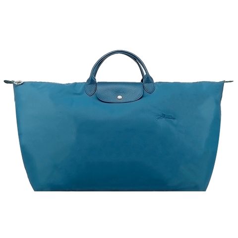 Longchamp LE PLIAGE GREEN系列刺繡短把再生尼龍摺疊旅行袋(中/孔雀藍)