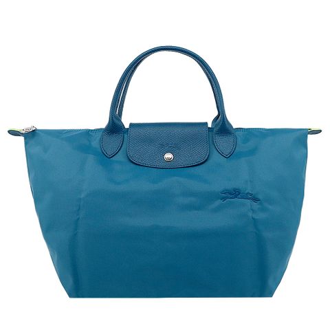 Longchamp LE PLIAGE GREEN系列刺繡短把再生尼龍摺疊水餃包(中/孔雀藍)