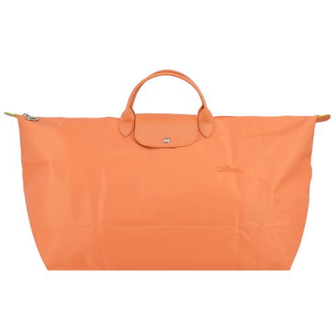 Longchamp LE PLIAGE GREEN系列刺繡短把再生尼龍摺疊旅行袋(中/橙)