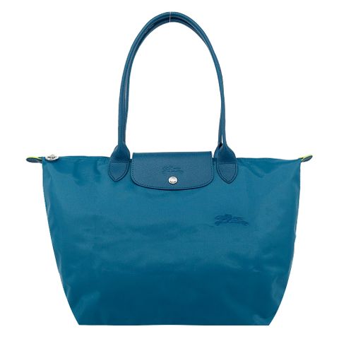 Longchamp LE PLIAGE GREEN系列刺繡長把再生尼龍摺疊水餃包(大/孔雀藍)