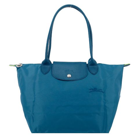 Longchamp LE PLIAGE GREEN系列刺繡長把再生尼龍摺疊水餃包(中/孔雀藍)