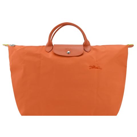 Longchamp LE PLIAGE GREEN系列刺繡短把再生尼龍摺疊旅行袋(大/胡蘿蔔橘)