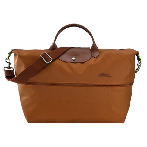 Longchamp LE PLIAGE GREEN系列刺繡短把再生尼龍延展兩用旅行袋(白蘭地酒)