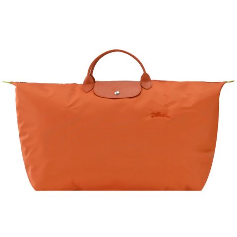 Longchamp LE PLIAGE GREEN系列刺繡短把再生尼龍摺疊旅行袋(特大/胡蘿蔔橘)