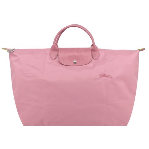 Longchamp LE PLIAGE GREEN系列刺繡短把再生尼龍摺疊旅行袋(大/花瓣粉)