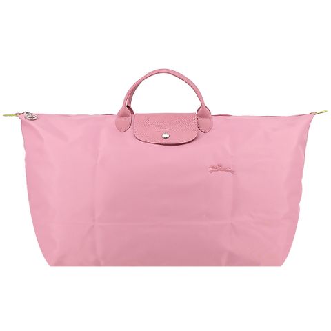 Longchamp LE PLIAGE GREEN系列刺繡短把再生尼龍摺疊旅行袋(特大/花瓣粉)