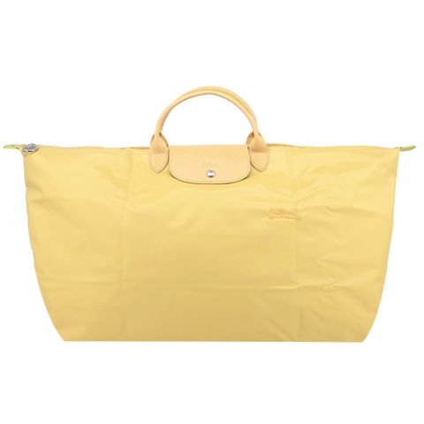 Longchamp LE PLIAGE GREEN系列刺繡短把再生尼龍摺疊旅行袋(中/小麥黃)