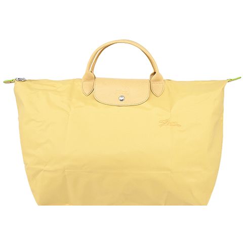 Longchamp LE PLIAGE GREEN系列刺繡短把再生尼龍摺疊旅行袋(小/小麥黃)