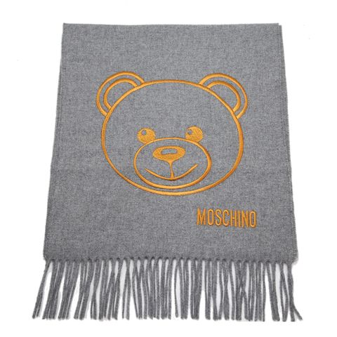 MOSCHINO 泰迪熊臉純羊毛寬版流蘇圍巾(014 灰色)
