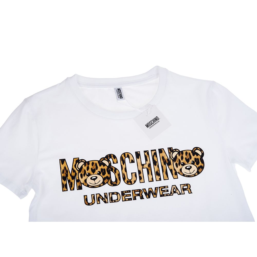 MOSCHINO 經典Underwear 泰迪熊豹紋LOGO棉質短T恤(白色/M) - PChome