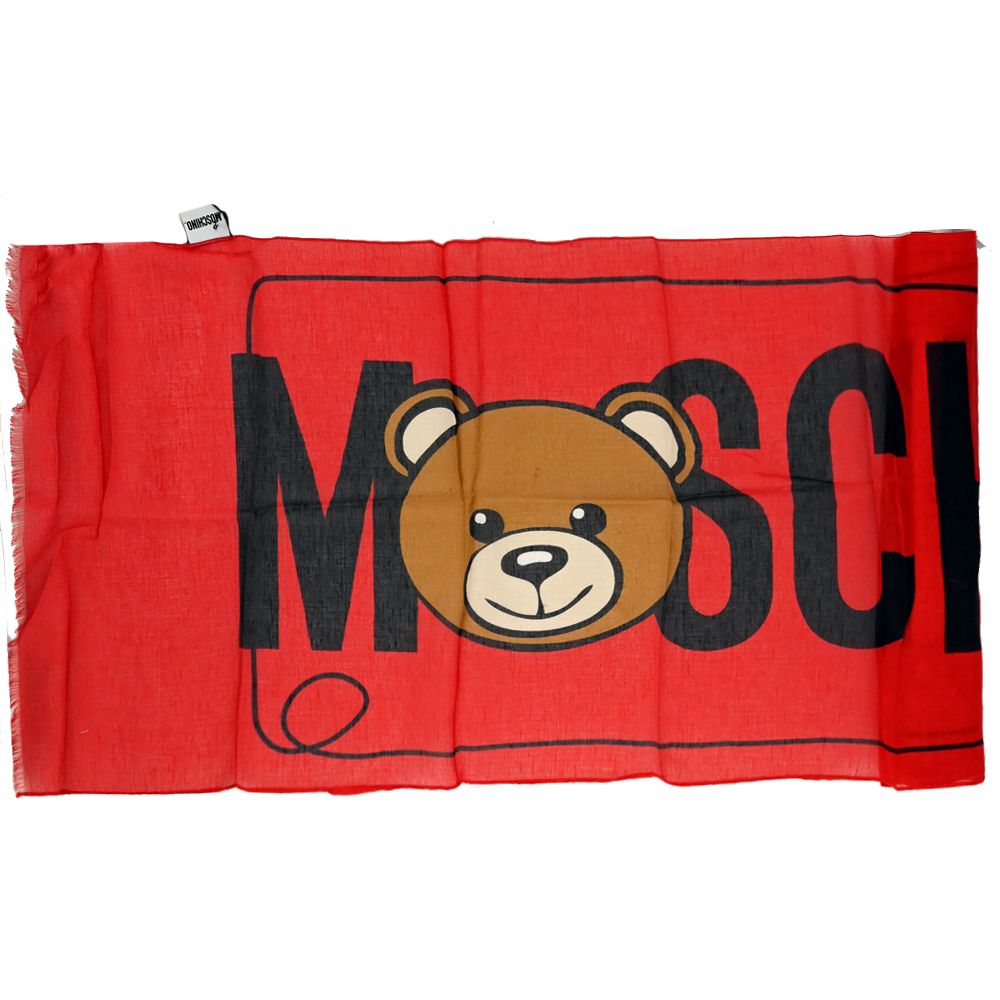 MOSCHINO 03319 M2270 小熊撞色LOGO混紡薄圍巾.紅/小