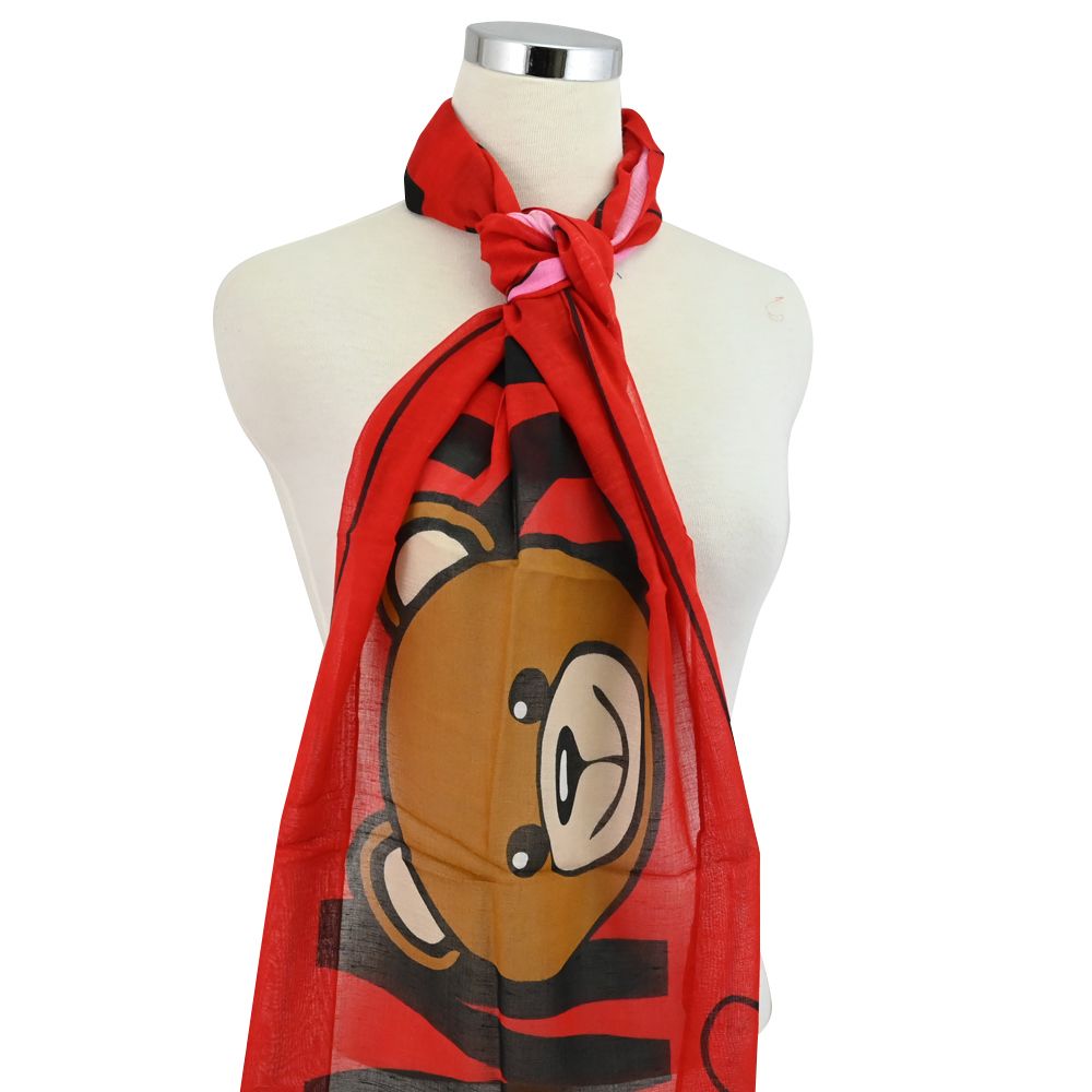 MOSCHINO 03319 M2270 小熊撞色LOGO混紡薄圍巾.紅/小