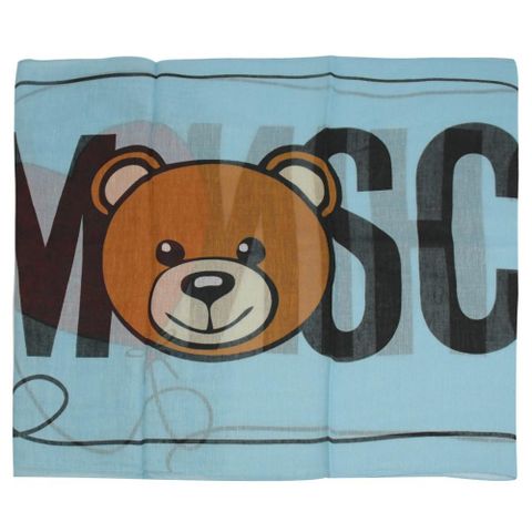 MOSCHINO 03319 M2270 小熊撞色LOGO混紡薄圍巾.藍/小