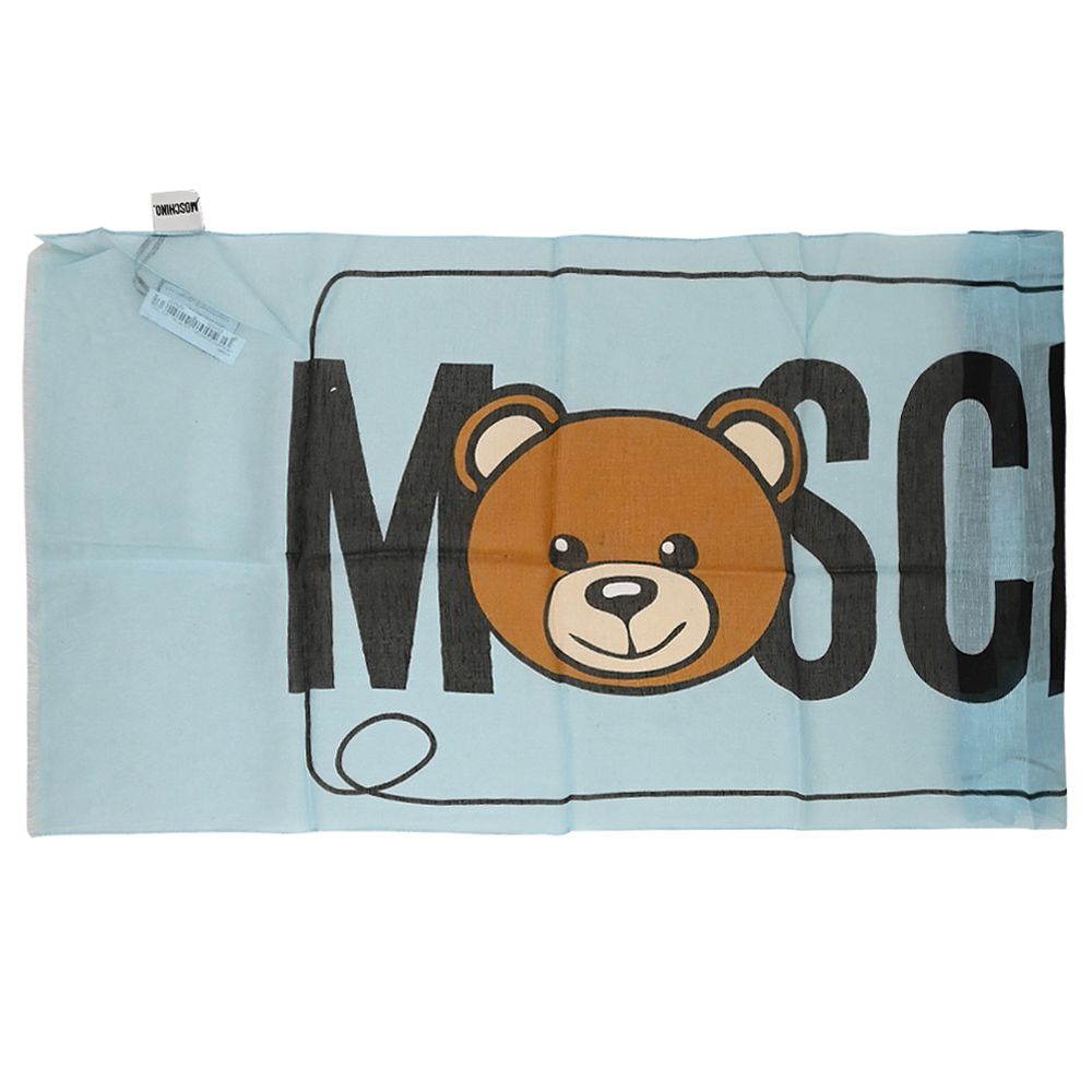 MOSCHINO 03319 M2270 小熊撞色LOGO混紡薄圍巾.藍/小