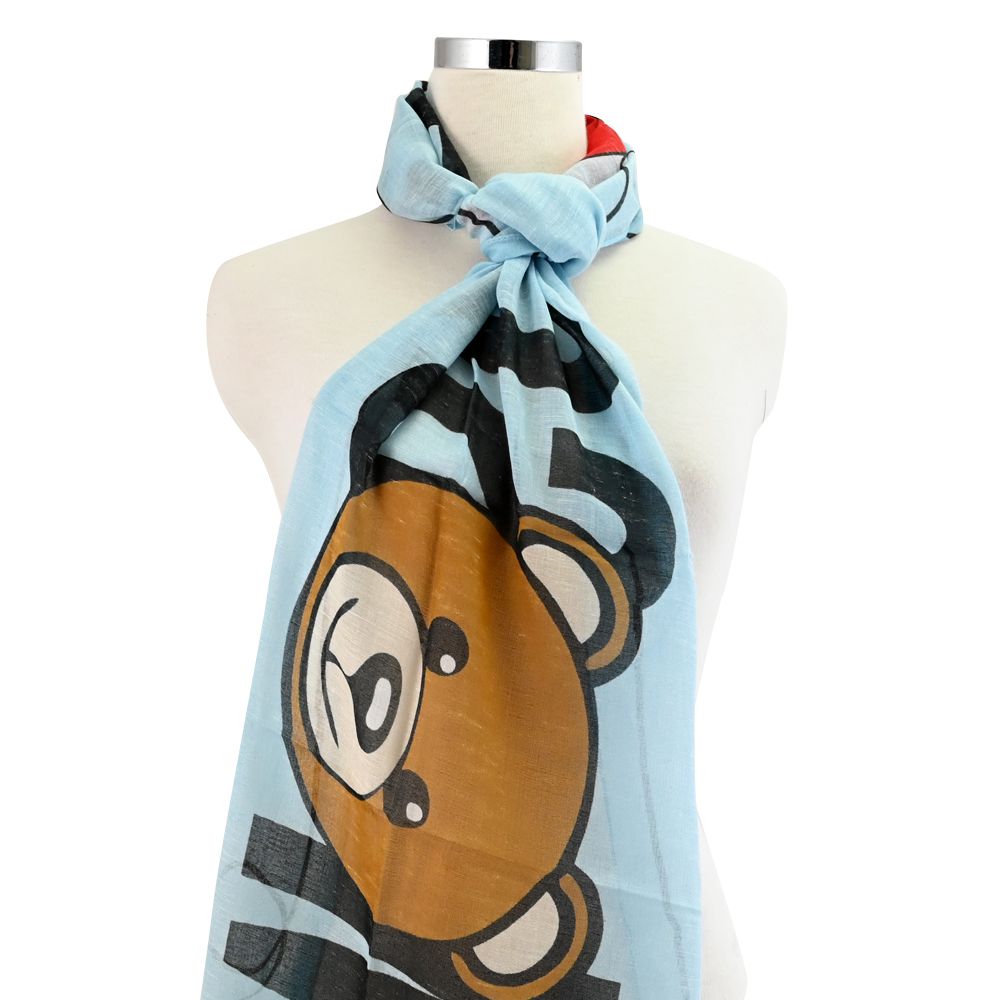 MOSCHINO 03319 M2270 小熊撞色LOGO混紡薄圍巾.藍/小