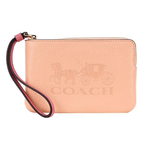 COACH 蔻馳 COACH 壓印馬車LOGO素面荔枝紋皮革手拿包(粉膚)