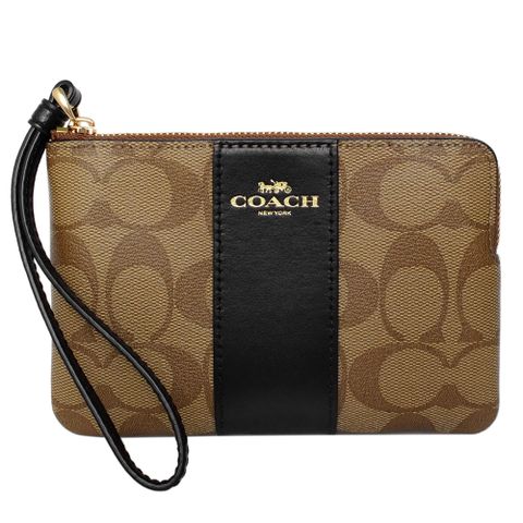 COACH 蔻馳 卡其C Logo黑邊真皮拉鍊萬用手拿包