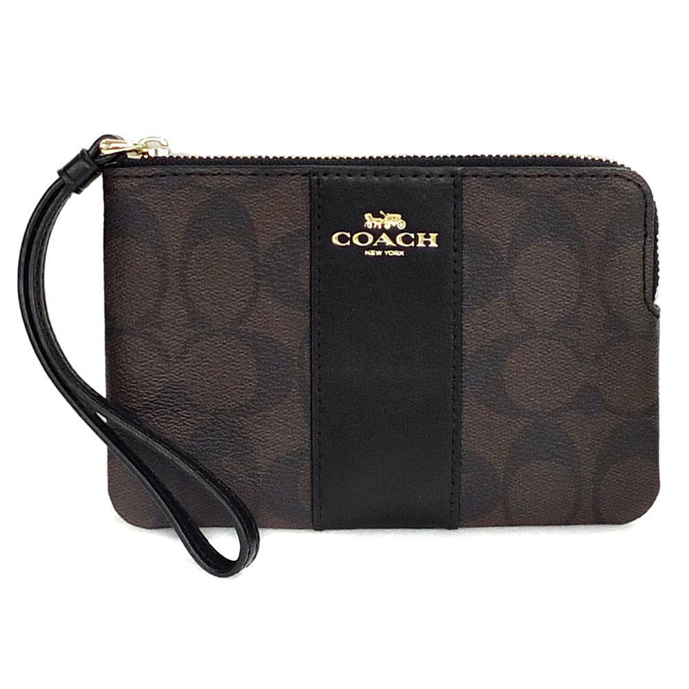 COACH 蔻馳 深咖啡C Logo黑邊真皮金字拉鍊萬用手拿包