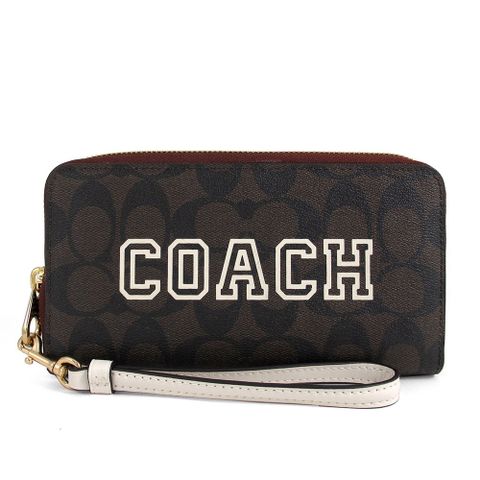 COACH 蔻馳 白色品牌大LOGOX咖啡色防刮滿版手掛式拉鍊長夾