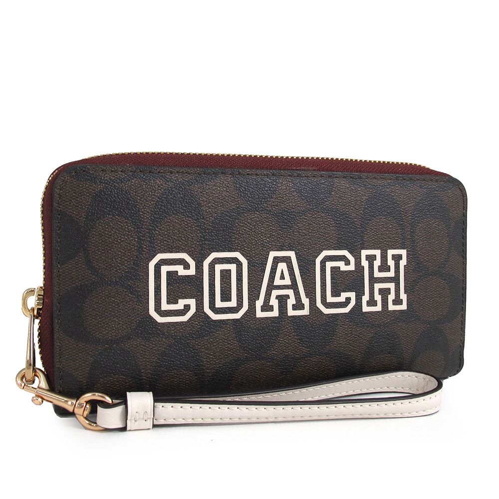 COACH 蔻馳 白色品牌大LOGOX咖啡色防刮滿版手掛式拉鍊長夾