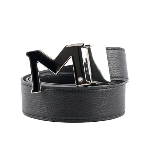MONT BLANC 銀色M Logo 搭扣3.5cm牛皮雙面可用皮帶(黑色) 127697