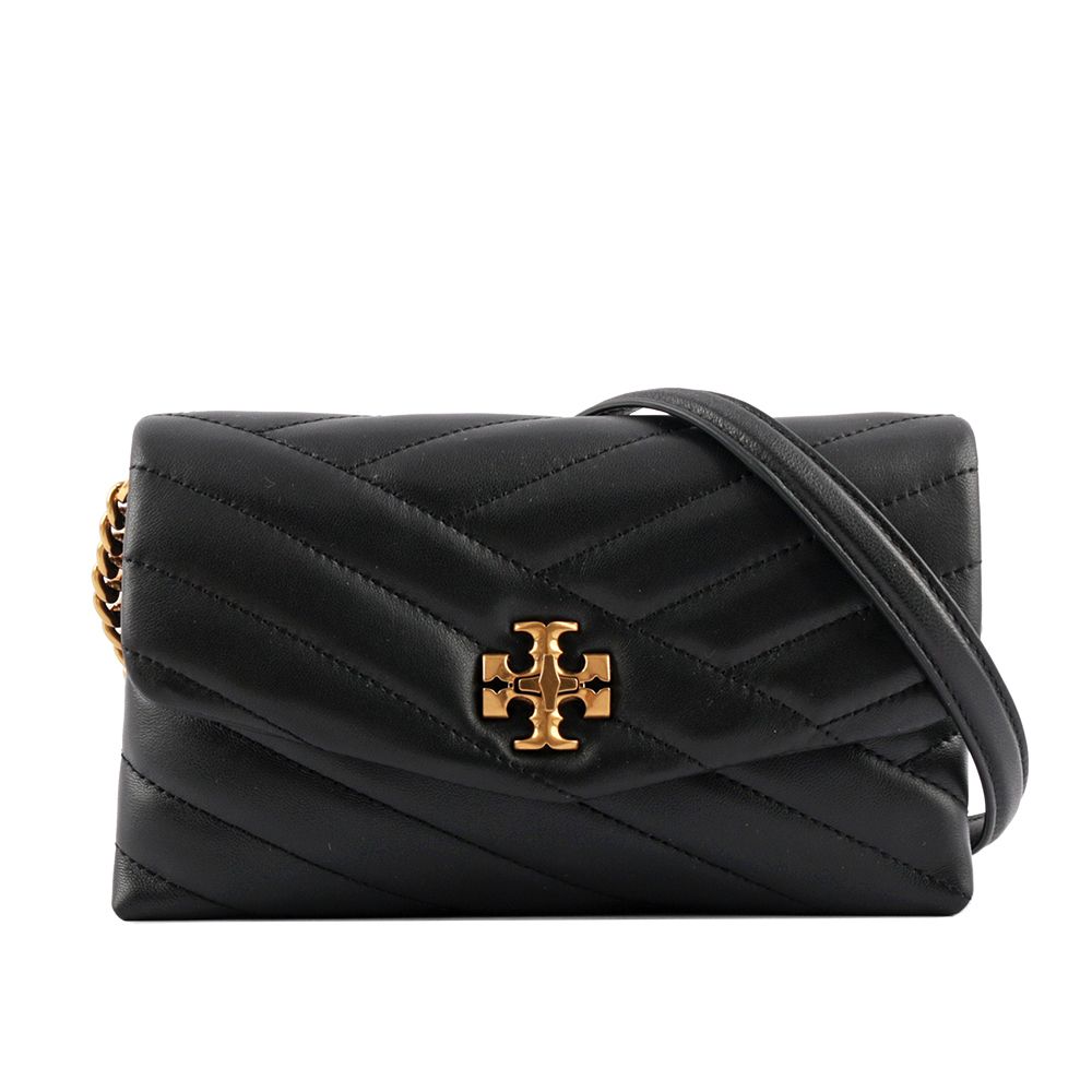 TORY BURCH Kira Chevron 絎縫皮革皮夾式鍊包(黑色) 90343 001