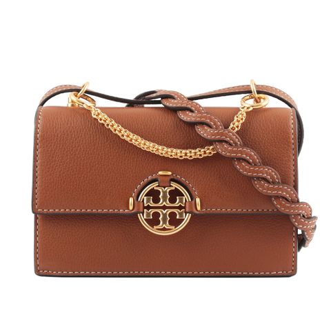 TORY BURCH Miller 荔枝皮革編織背帶迷你翻蓋多用包(淺茶色) TB1A100027