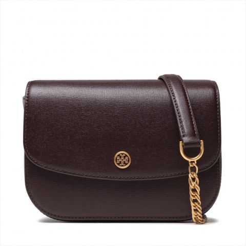 【Tory Burch】專櫃新款 ROBINSON金字LOGO防刮牛皮側背/斜背兩用包 酒紅色
