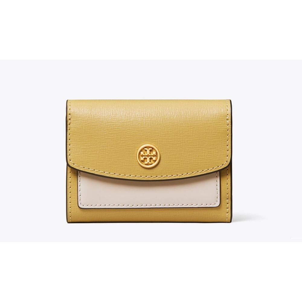 TORY BURCH 專櫃經典款Robinson防刮牛皮拼色翻蓋三折短夾/手拿包