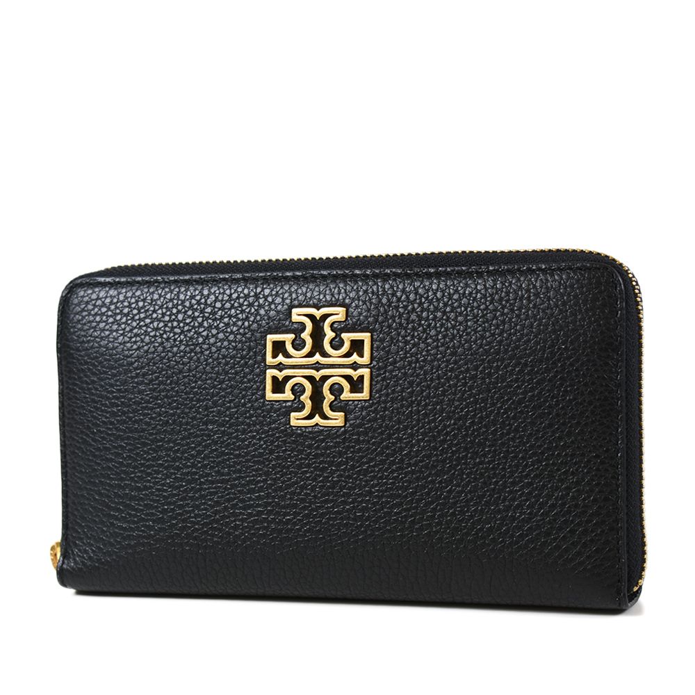 TORY BURCH  BRITTEN 縷空LOGO荔枝紋拉鍊長夾-黑色/附證件夾