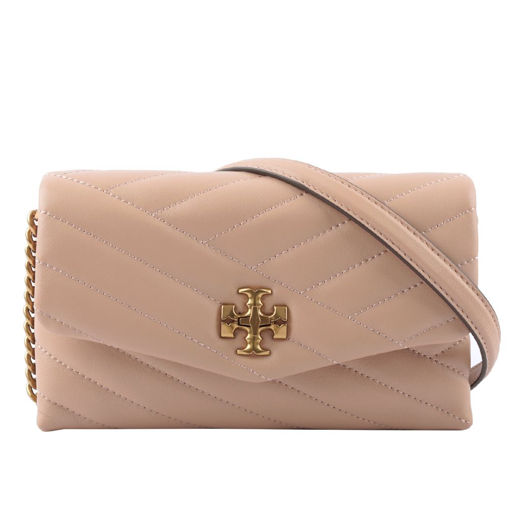 TORY BURCH  Kira Chevron 銀釦絎縫皮革皮夾式鍊包(淺沙色) 90343 288