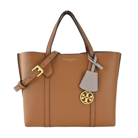 TORY BURCH TB PERRY燙金LOGO荔枝紋三層兩用包-棕
