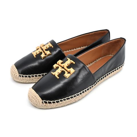 TORY BURCH ELEANOR 金字LOGO牛皮草編平底鞋-黑