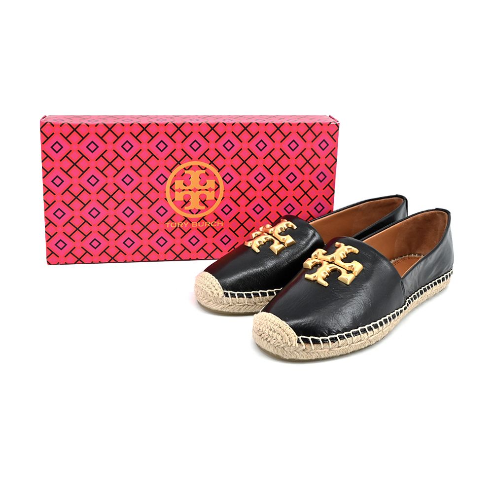 TORY BURCH  ELEANOR 金字LOGO牛皮草編平底鞋-黑