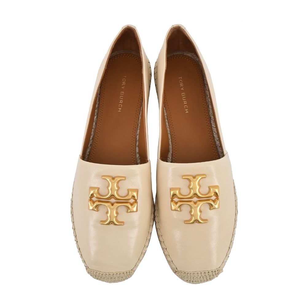 TORY BURCH  ELEANOR 金字LOGO牛皮草編平底鞋-米