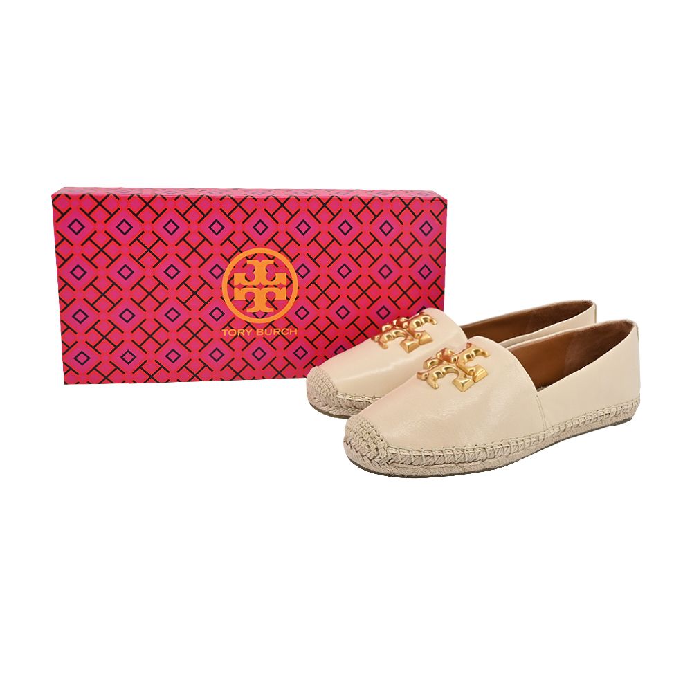 TORY BURCH  ELEANOR 金字LOGO牛皮草編平底鞋-米