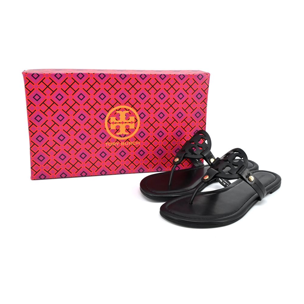 TORY BURCH  MILLER簍空雙T LOGO牛皮人字平底拖鞋-黑