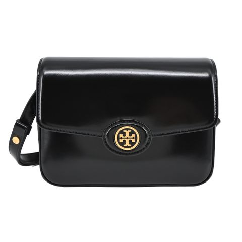 TORY BURCH ROBINSON亮漆皮磁釦斜背/肩背兩用包-黑