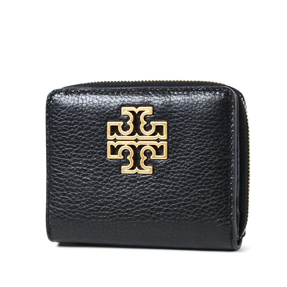 TORY BURCH  BRITTEN 金屬縷空荔枝紋拉鍊短夾-黑色